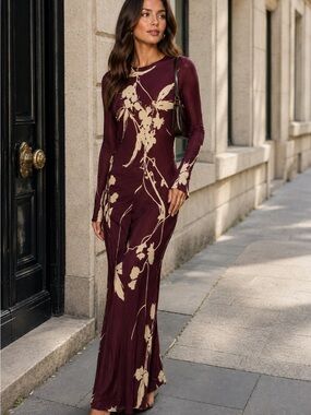zara burgundy maxi dress Zara Collared Long-sleeved Knit Dress main image 0